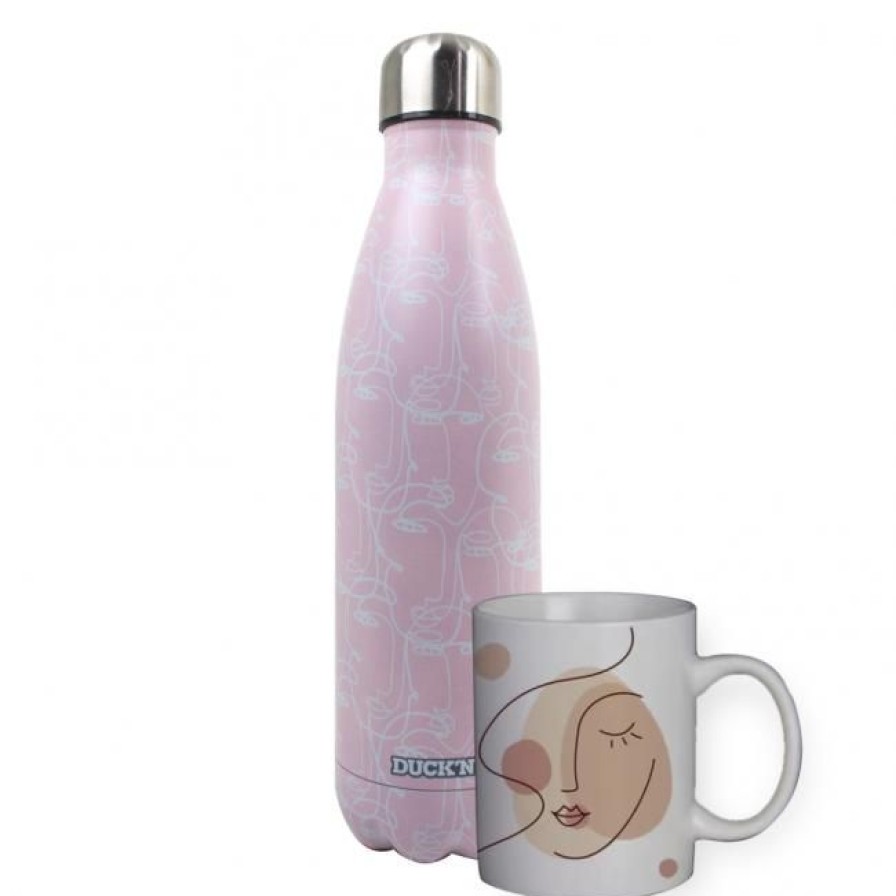 The & Cafe Ardtime Mugs | Coffret Bouteille Isotherme Et Mug Motifs Visage Duck'N